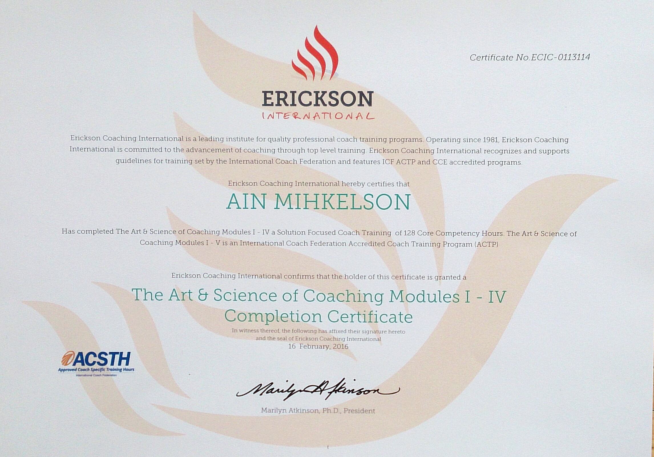 Coaching program certificate- Erickson International