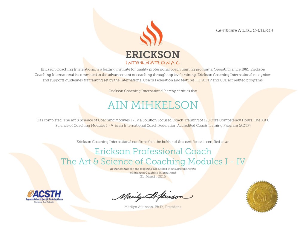 Ain Mihkelson Professional Coach Certificate